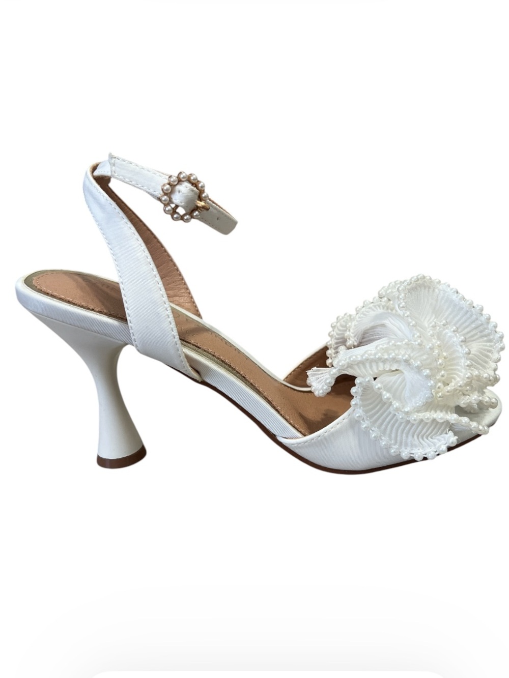 Chinese Laundry Jovie White Pearl Ruffle Bridal Heels Ankle Strap Heels